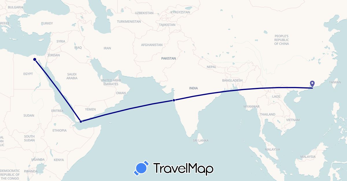 TravelMap itinerary: driving in China, Egypt, India, Yemen (Africa, Asia)